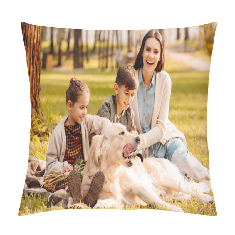 Personality  Children And Mother Petting Dog In Park Pillow Covers