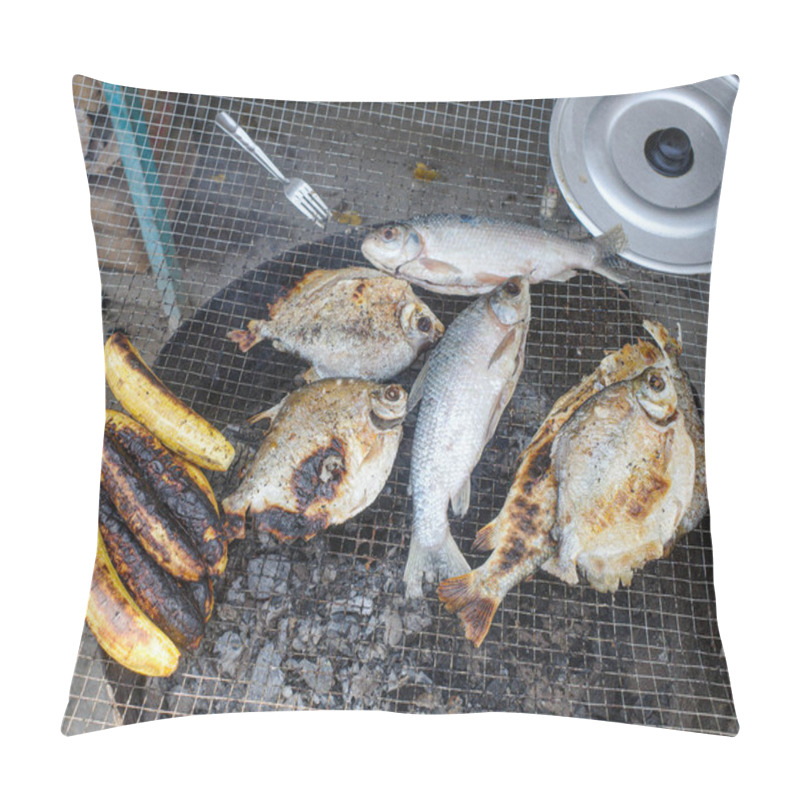 Personality  Lima, Peru - Dec 3, 2023: Fresh Fish And Plantains Cooking On A Grill In The Amazonian Cantagallo District Of Lima Pillow Covers