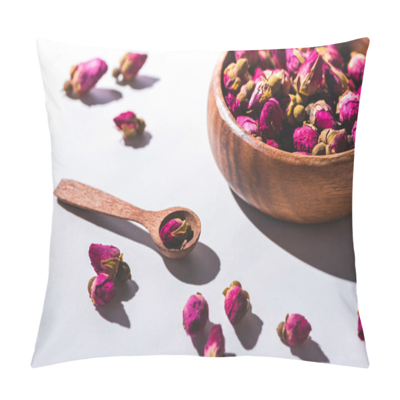 Personality  Dried Rose Buds In Wooden Bowl And Spoon On White Tabletop  Pillow Covers