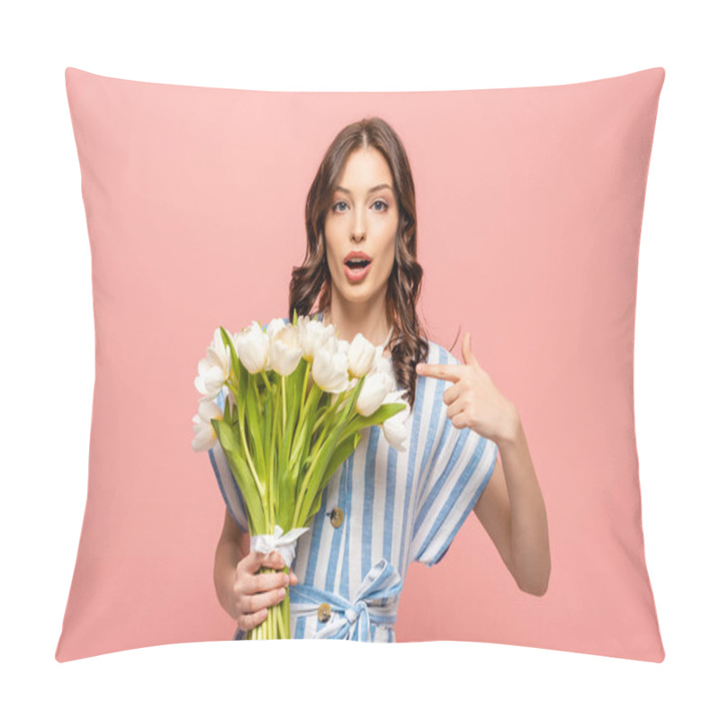 Personality  Surprised Girl Pointing With Finger At Bouquet Of White Tulips While Looking At Camera Isolated On Pink Pillow Covers