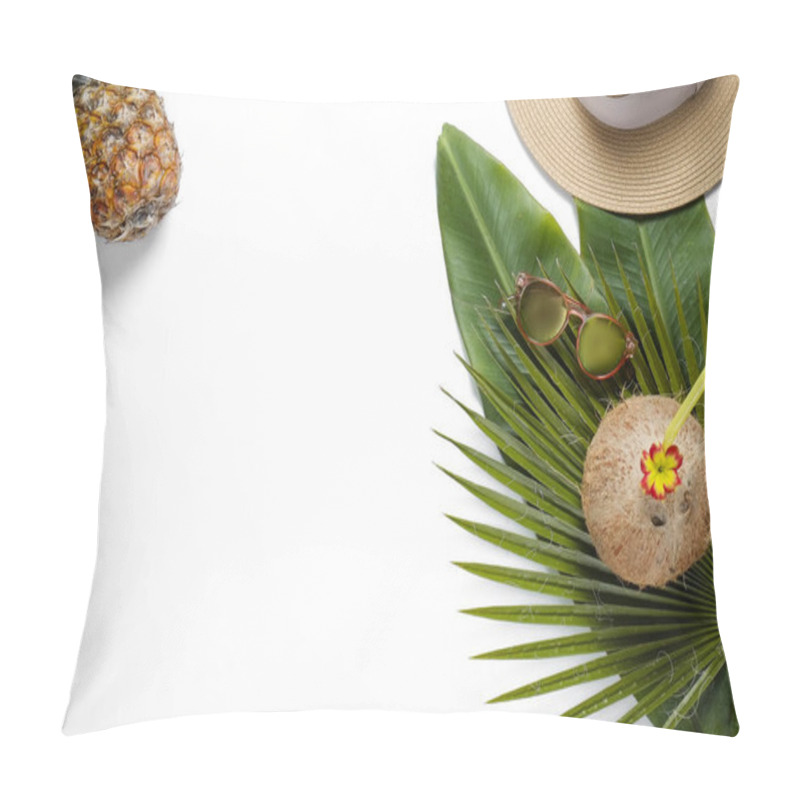 Personality  Summer Mood Concept. Tropical Background With Ripe Organic Pinapple, Fresh Whole Coconut With Cocktail Straw Sunglasses And Different Palm Leaves. Flat Lay, Top View, Close Up Copy Space, Isolated. Pillow Covers