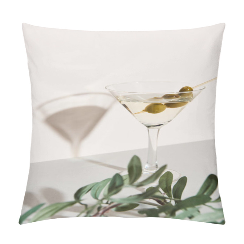 Personality  Martini With Shadow On White Background And Olive Branch On Grey Surface Pillow Covers