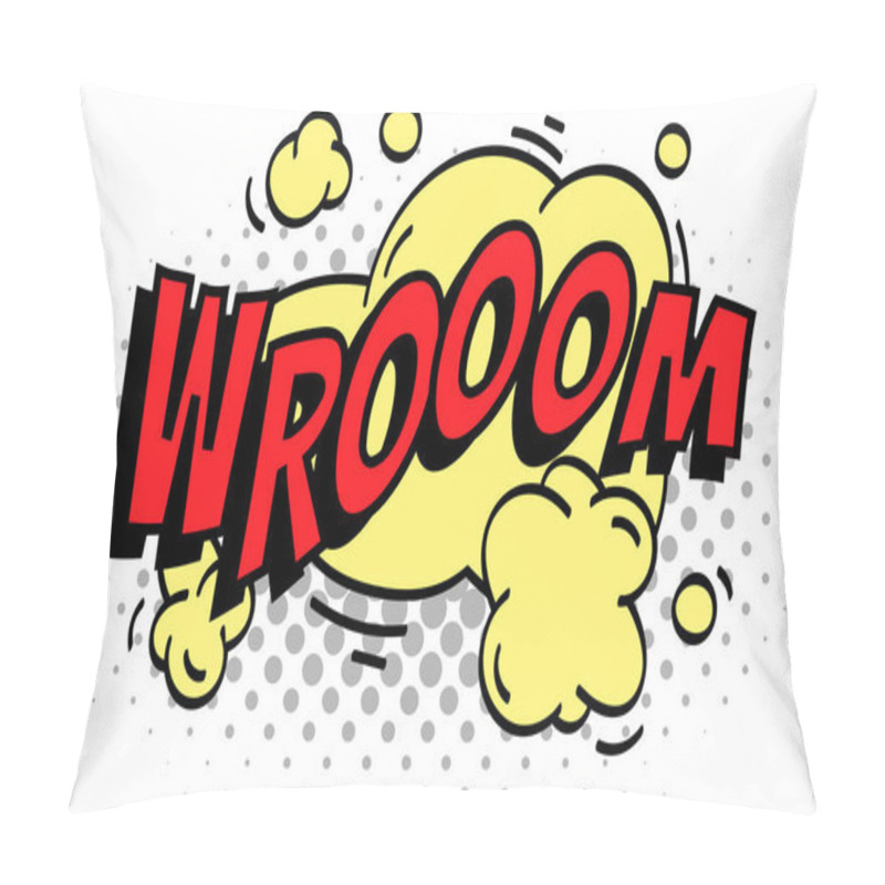 Personality  Vibrant Yellow Speech Bubble With Bold Red Wroom Writing And Dynamic Motion Lines. Evoking Speed And Movement In Classic Comic Book Style. Perfect For Conveying Messages Or Adding Humor To Any Project Pillow Covers