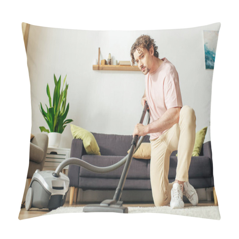 Personality  A Man In Cozy Homewear Peacefully Vacuums A Living Room. Pillow Covers