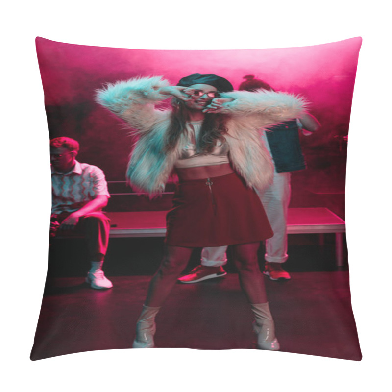 Personality  Cheerful Girl Dancing In Nightclub With Pink Smoke Pillow Covers