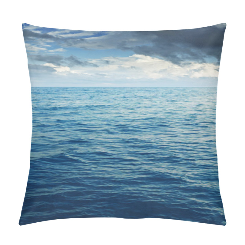 Personality  Cloudy Blue Sky Leaving For Horizon Above A Blue Surface Of The Sea Pillow Covers