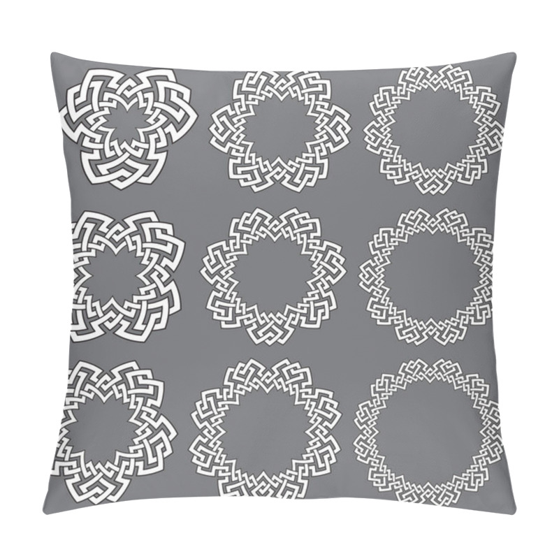 Personality  Set Of Round Frames. Nine Decorative Elements For Logo Design With Stripes Braiding Borders. White Lines With Black Strokes On Gray Background. Pillow Covers