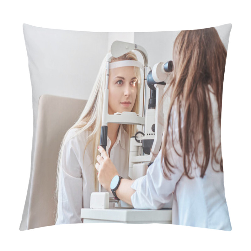 Personality  Woman Is Checking Her Sight At Optician Cabinet Pillow Covers