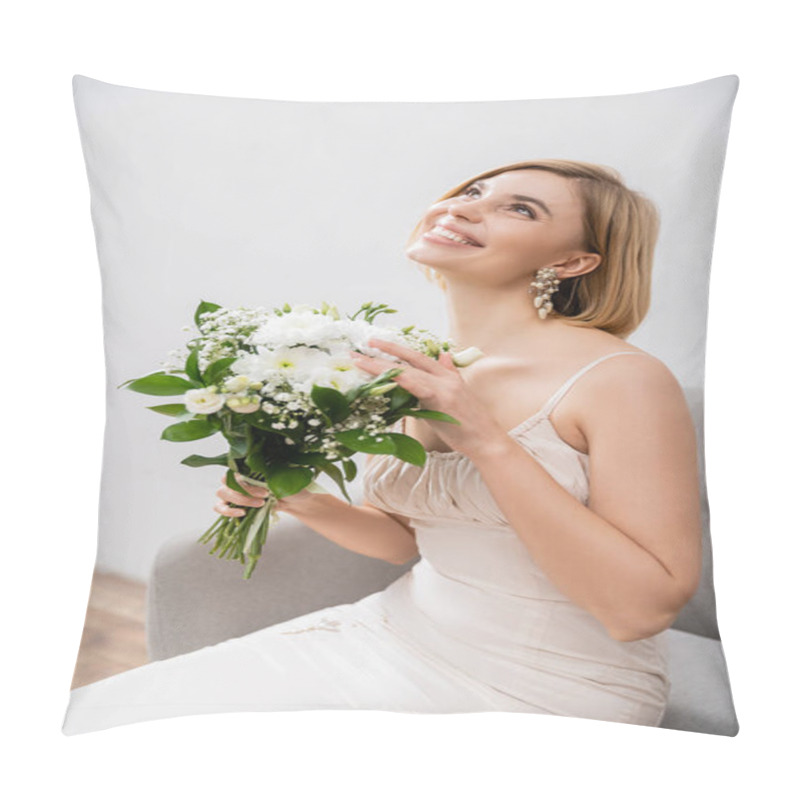 Personality  Attractive And Blonde Bride In Wedding Dress Sitting In Armchair And Holding Bouquet On Grey Background, White Flowers, Bridal Accessories, Happiness, Special Occasion, Smiling, Feminine, Blissful  Pillow Covers