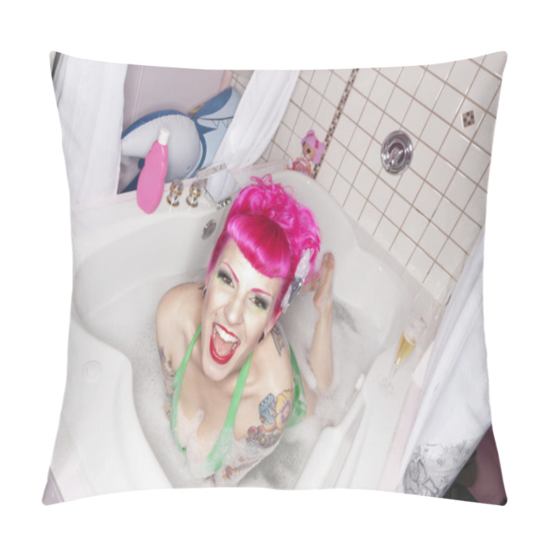 Personality  Portrait Of Pink Haired Woman In Bathtub Pillow Covers