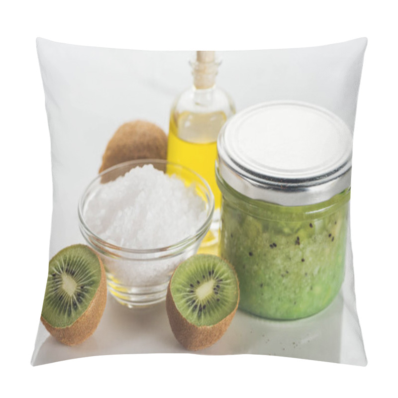 Personality  Selective Focus Of Glass Container With Kiwi Puree, Bowl Of Salt, Oil Bottle And Kiwi On White Surface Pillow Covers