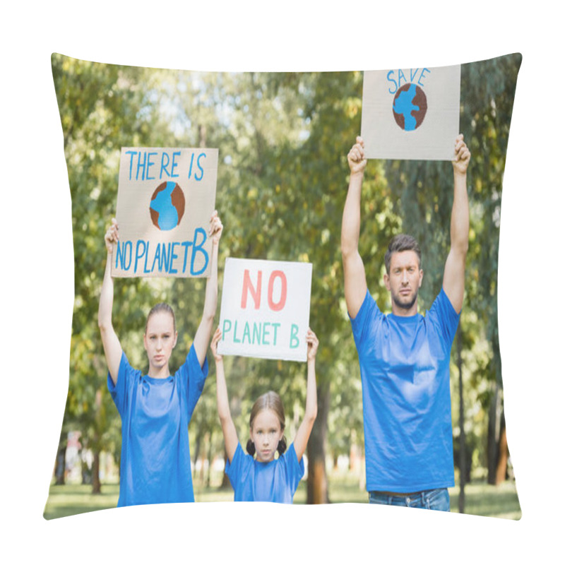 Personality  Family Of Volunteers Holding Placards With Globe, Save, And No Planet B Inscription In Raised Hands, Ecology Concept Pillow Covers