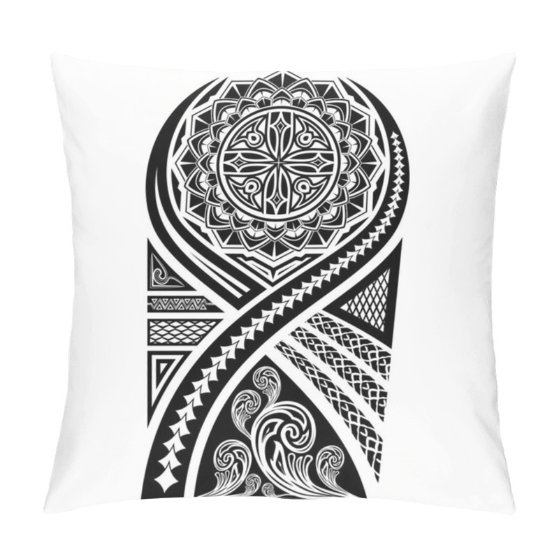 Personality  Vector Image Of The Sketch Of A Polynesian Tattoo. The Stylized Sun And A Flower Ornament. Patterns Of Maori. Art Of Natives Of New Zealand. Black Tribal Tattoo. Vector Illustration. Pillow Covers