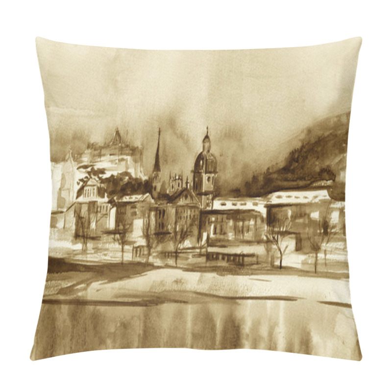 Personality  Scenic Panorama Of The Old Town (Gamla Stan) In Stockholm, Sweden. Hand-drawn Illustration. Watercolor Art. Vintage Sepia Colors. Monochrome Old Card. Pillow Covers