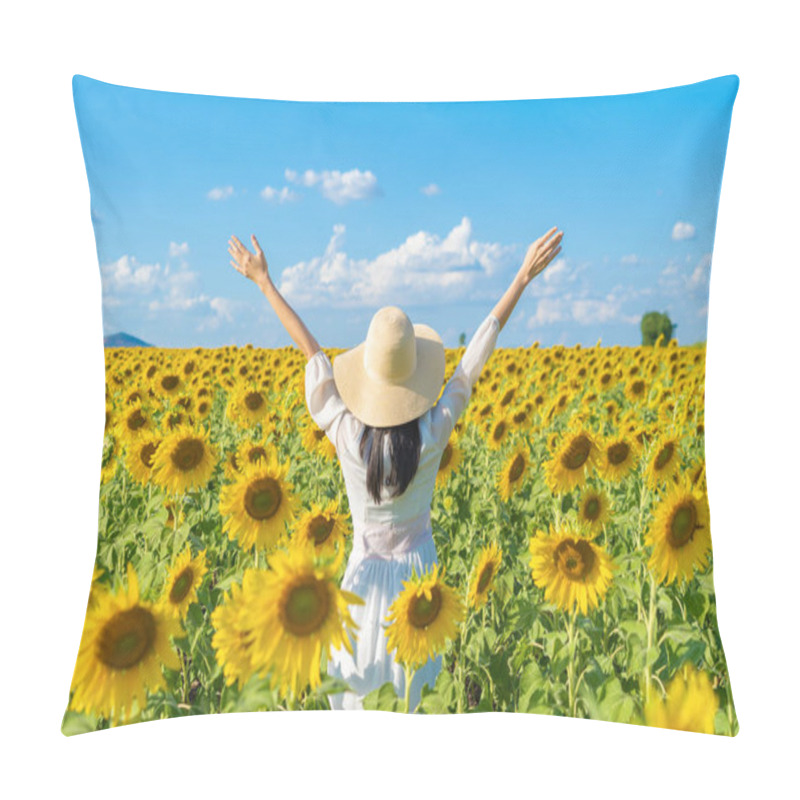 Personality  Portrait Of Happy Asian Woman Enjoying And Relaxing In A Full Bl Pillow Covers