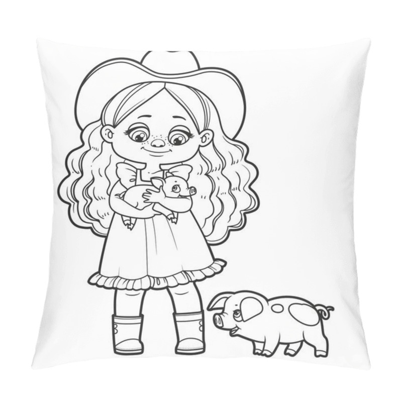 Personality  Cute Cartoon Girl Holding Little Pig In Her Hands And A Pig Nearby Outlined For Coloring Page On White Background Pillow Covers