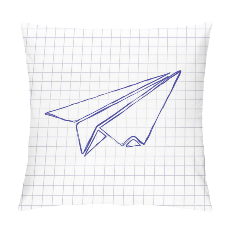 Personality  Paper Plane. Origami Glider. Hand Drawn Picture On Paper Sheet. Blue Ink, Outline Sketch Style. Doodle On Checkered Background Pillow Covers