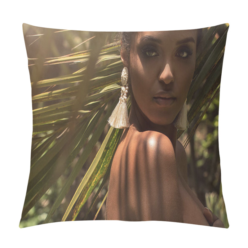 Personality  Tropical Shoot Of Beautiful African American Woman Wearing Only Earring, Posing Over Palm Leaves. Pillow Covers