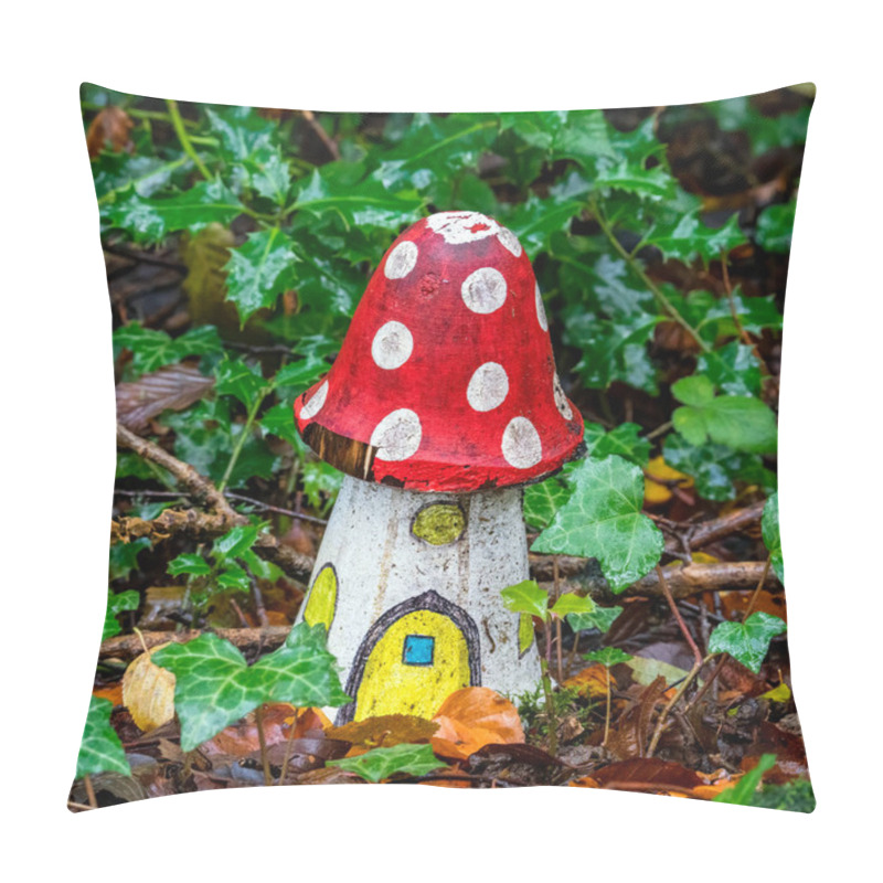 Personality  Artificial Childhood Display Of A Fly Agaric Red And White Wooden House Mushroom In An Enchanted Fairy Toadstool Woodland During The Autumn Fall Season Of November, Stock Image Photo Pillow Covers