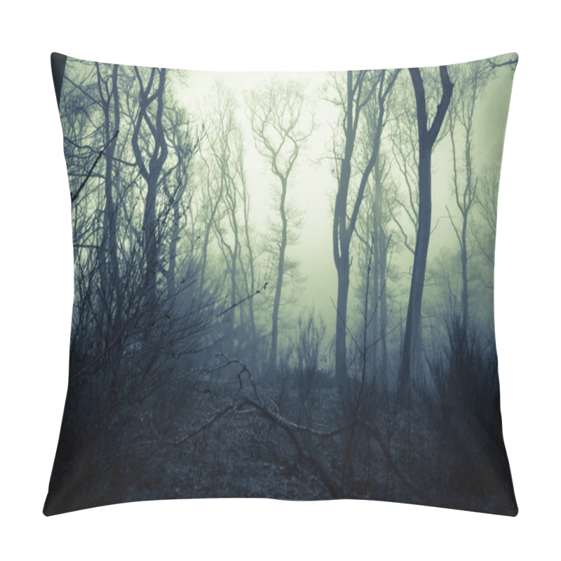 Personality  A Spooky Forest On A Misty Day In Winter, With A Glowing Eerie Sky. With A Blue Green Scary Edit. Pillow Covers