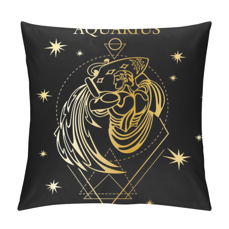 Personality  Vector Image Of The Golden Zodiac Sign Aquarius With Stars On A Black Background Pillow Covers