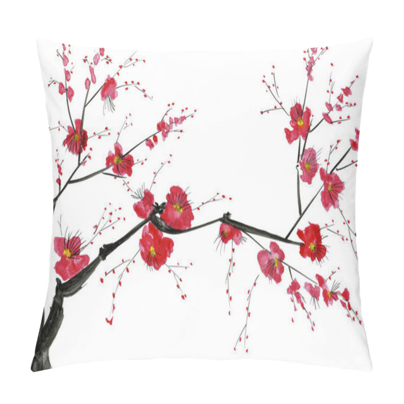 Personality  A Branch Of A Blossoming Tree. Pink And Red Stylized Flowers Of Plum Mei, Wild Apricots And Sakura . Watercolor And Ink Illustration In Style Sumi-e, U-sin. Oriental Traditional Painting.   Pillow Covers