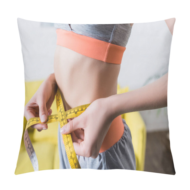 Personality  Cropped View Of Sportswoman Measuring Thin Waist With Tape At Home Pillow Covers