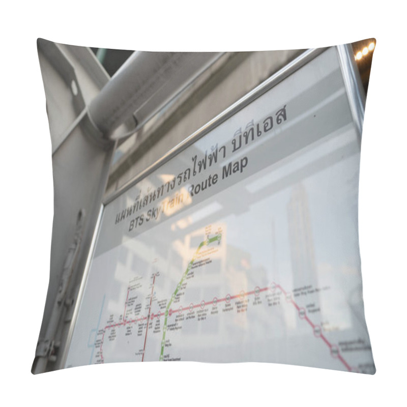 Personality  BANGKOK, THAILAND - OCTOBER 27, 2023: Close Up Shot Of BTS SkyTrain Route Map As Seen At Chit Lom Station In Bangkok. Pillow Covers