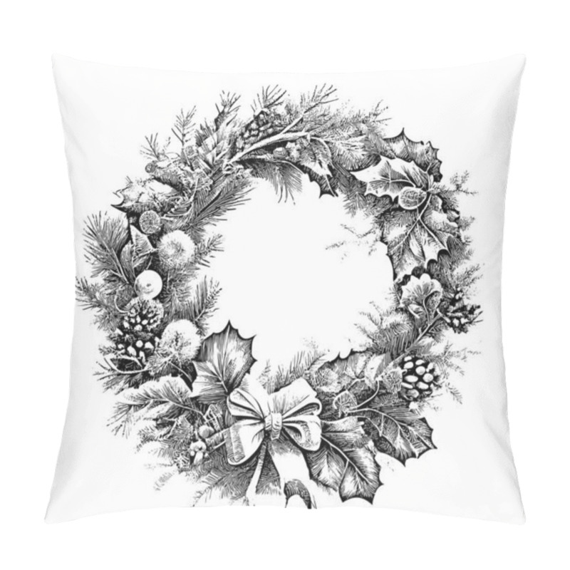 Personality  Christmas Wreath Hand Drawn In Engraved Style Sketch Vector Illustration. Pillow Covers