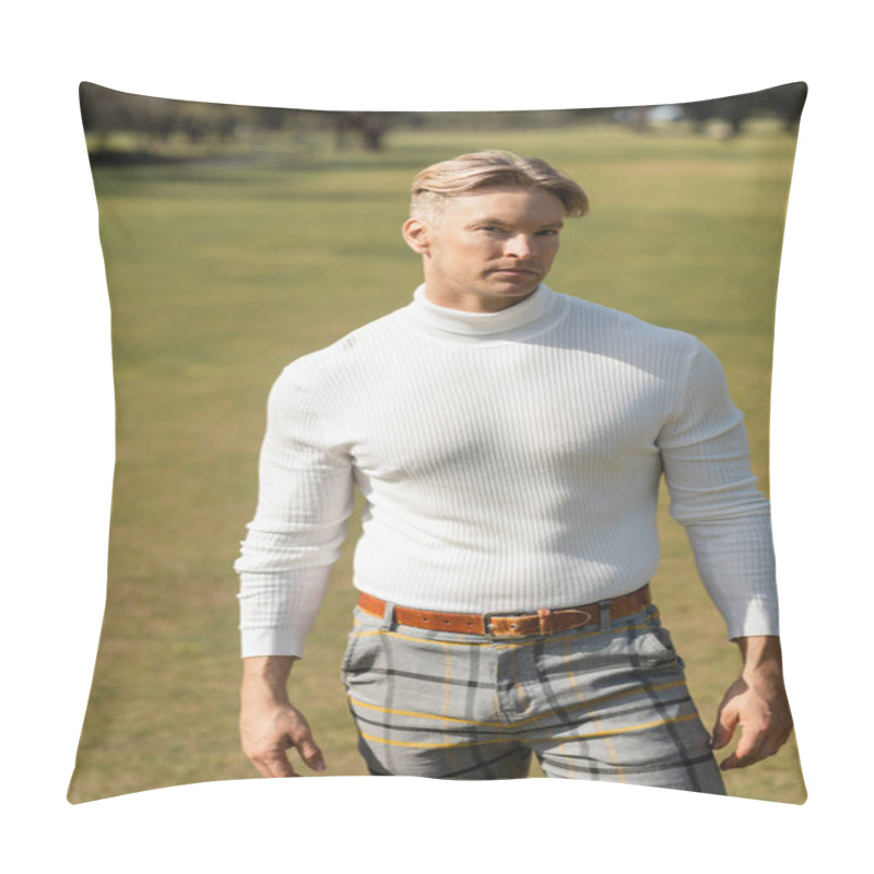 Personality  Blonde Man In Stylish Attire Walking In A Green Park In Miami. Pillow Covers