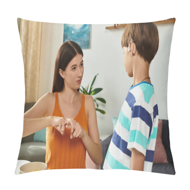 Personality  In A Warm Environment, A Mother Uses Sign Language To Connect With Her Hearing Impaired Son. Pillow Covers