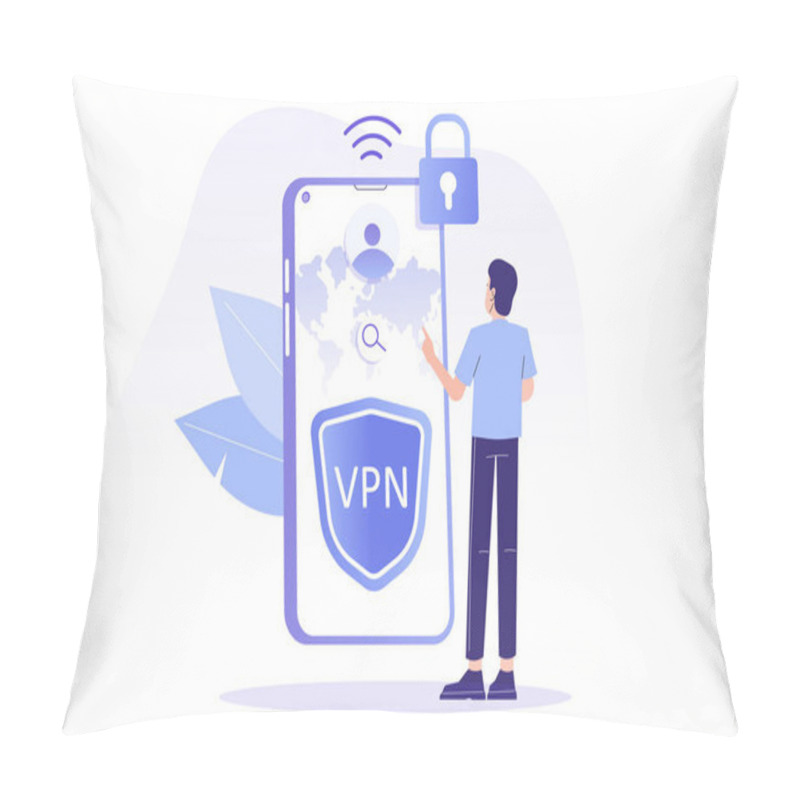 Personality  VPN Service Concept. Young Man Using VPN To Protect His Personal Data In Smartphone. Virtual Private Network. Secure Network Connection And Privacy Protection. Isolated Modern Vector Illustration Pillow Covers