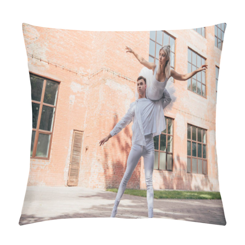 Personality  Low Angle View Of Young Ballet Dancers In White Clothes Dancing On Urban City Street     Pillow Covers