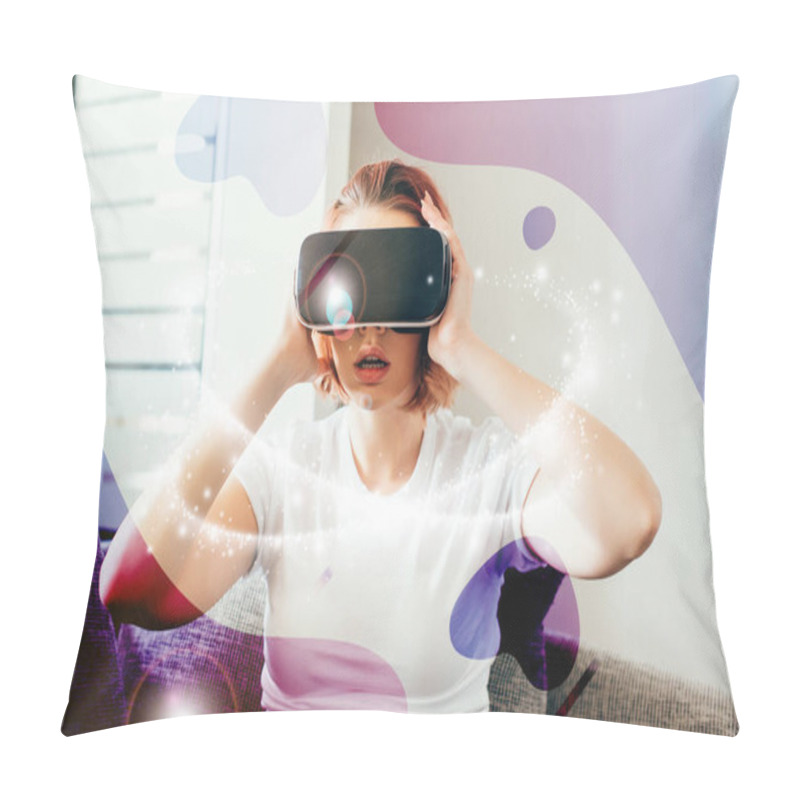 Personality  Emotional Girl Using Virtual Reality Headset With Glowing Signs At Home On Quarantine  Pillow Covers