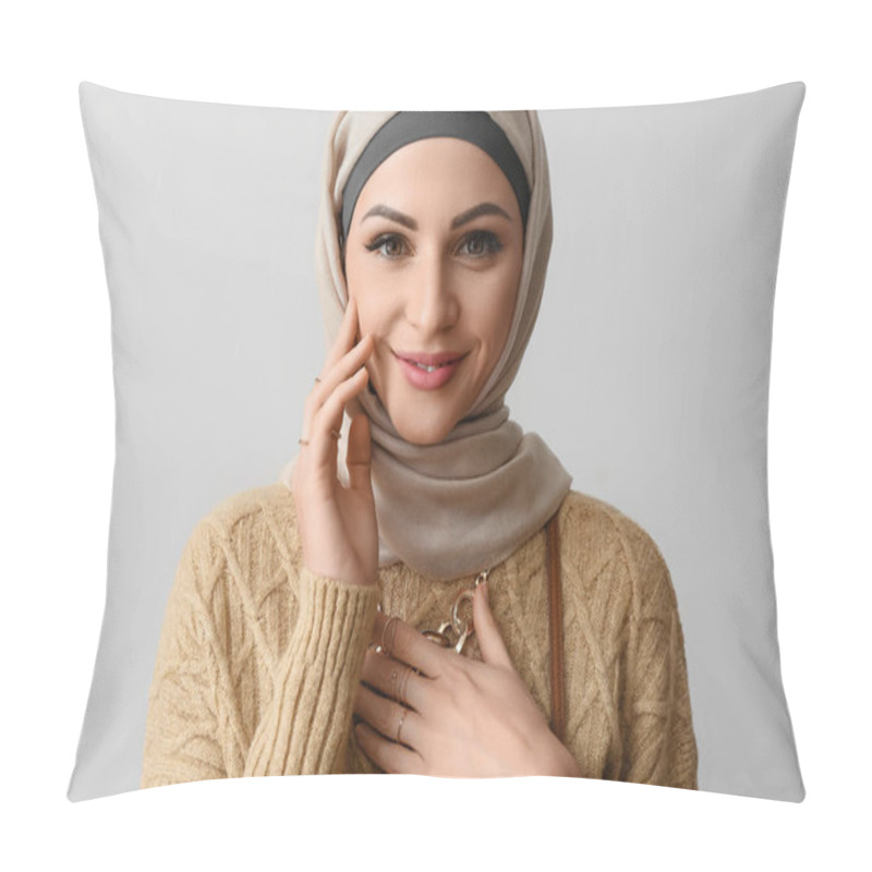 Personality  Stylish Muslim Woman In Beige Hijab On Light Background, Closeup Pillow Covers