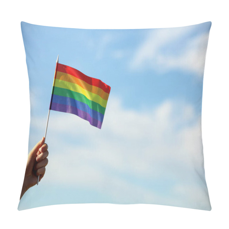 Personality  Woman Holding Bright LGBT Flag Against Blue Sky, Closeup. Space For Text Pillow Covers