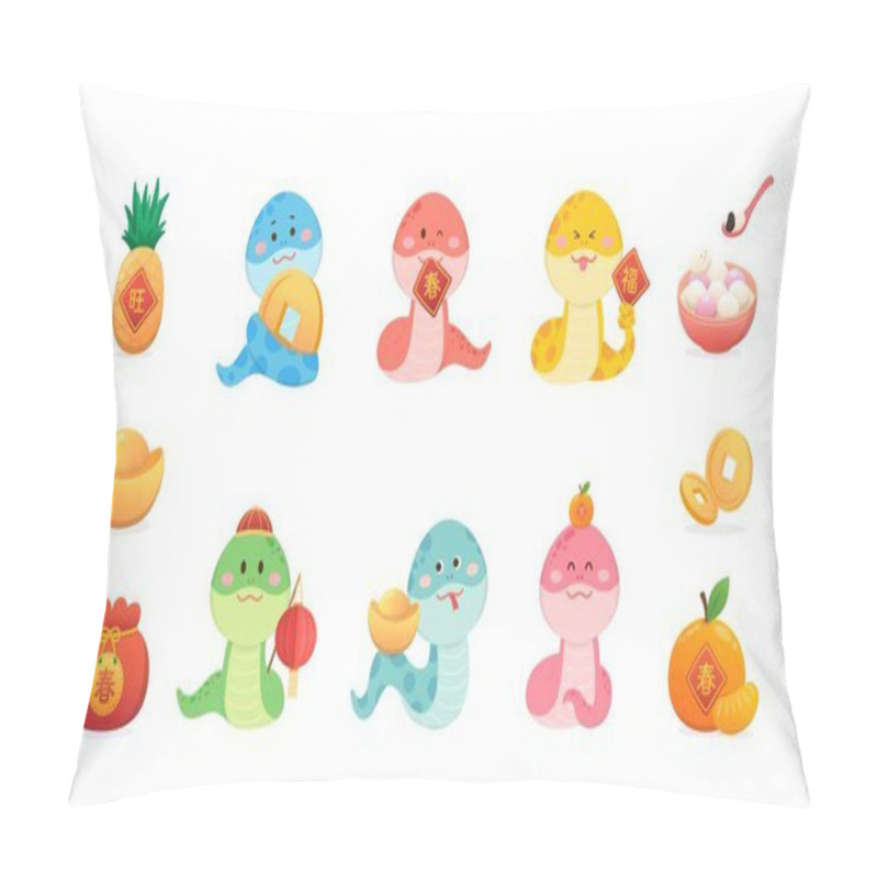 Personality  Vector Illustration Of Snake Character Or Cartoon Character With Chinese New Year Or Lantern Festival, Glutinous Rice Balls And Money Bag, Translation: Spring Pillow Covers