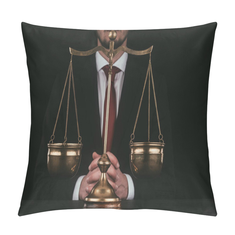 Personality  Cropped Shot Of Lawyer Sitting Behind Justice Scales Isolated On Black Pillow Covers