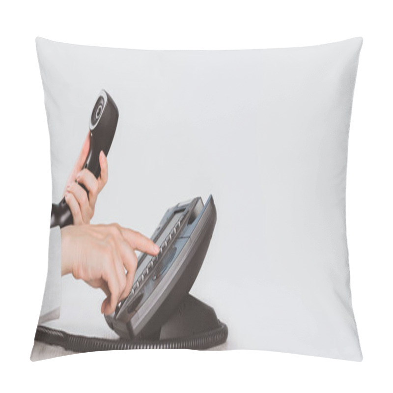 Personality  Business And Communications. Using Voip Phone In The Office, Close Up Of Hand With Receiver. Conference Call, Contact Us Or Hotline. IP Telephony, Telemarketing. Help Desk Or Call Centre. Copy Space Pillow Covers