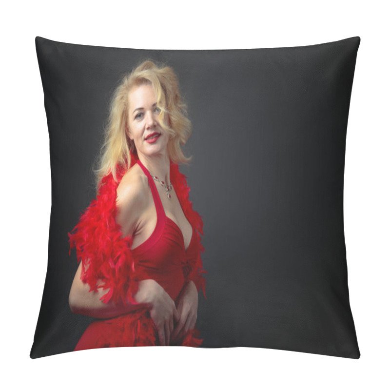 Personality  Attractive Middle Age Woman In Red Evening Dress With Fluffy Fea Pillow Covers