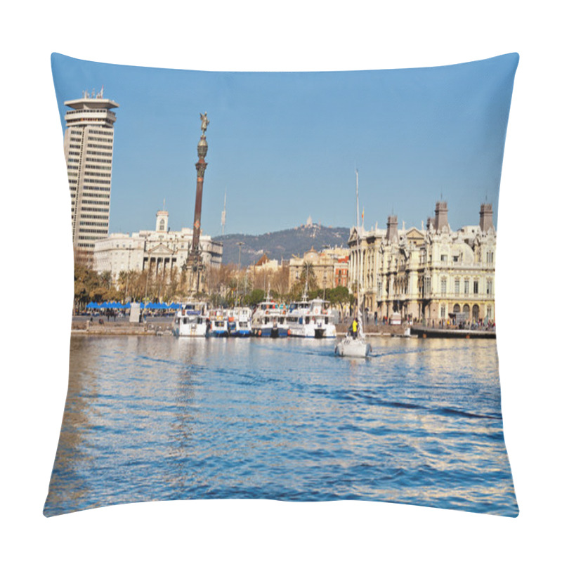 Personality  BARCELONA, SPAIN - FEBRUARY 10: Columbus Monument On February 10 Pillow Covers