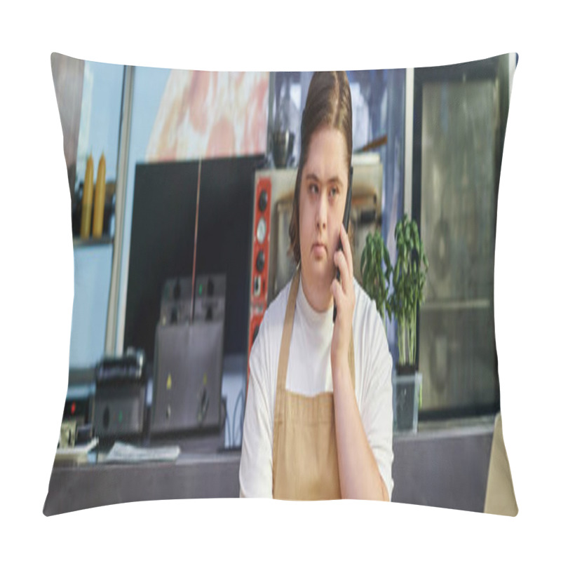 Personality  Young Woman With Down Syndrome Talking On Mobile Phone While Working In Modern Cafe, Banner Pillow Covers