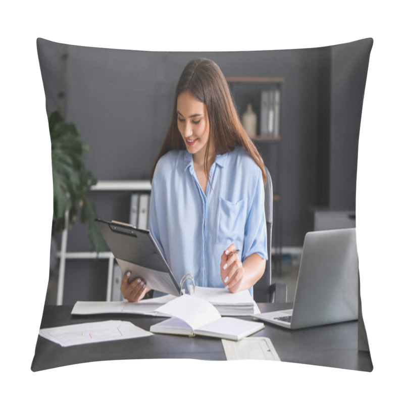 Personality  Young Woman Working With Documents In Office Pillow Covers