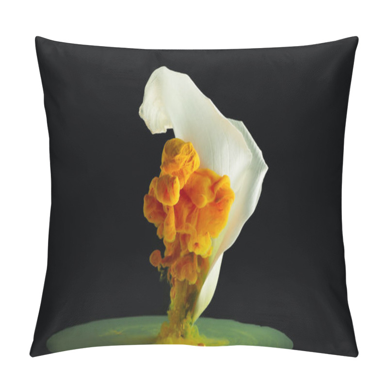 Personality  Close-up View Of Beautiful White Calla Lily Flower And Orange Ink On Black Pillow Covers