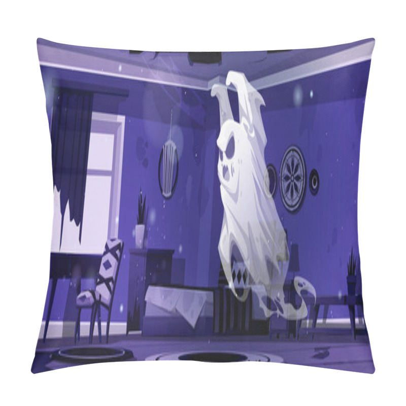 Personality  Ghost In Night Abandoned Bedroom. Scary Spook Cartoon Halloween Character, Fantasy Monster, Spooky Spirit Personages Say Boo. Horror, Phantom Creature In Old Haunted House, Vector Illustration Pillow Covers