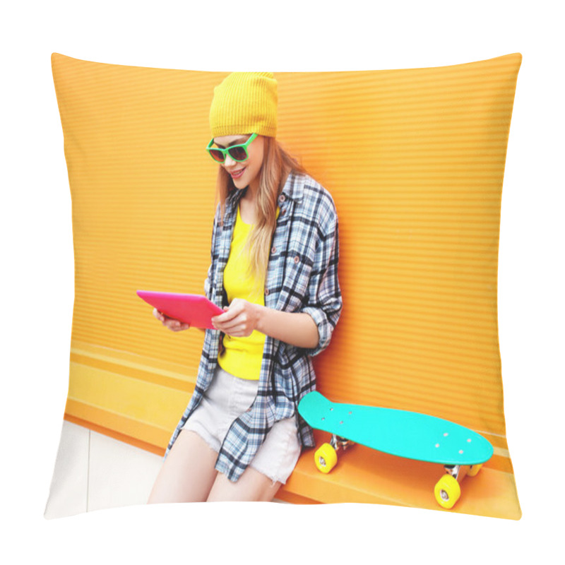 Personality  Fashion And Technology Concept - Stylish Pretty Cool Girl Using  Pillow Covers