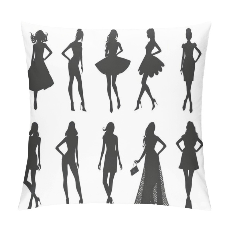 Personality  Collection Of Stylish Female Silhouettes Showcasing Various Fashionable Poses And Outfits. Pillow Covers