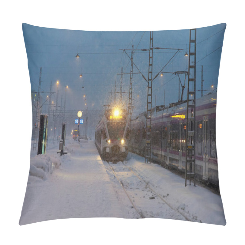 Personality  Helsinki, Finland - February 6, 2019: A Local Commuter Train Arriving At The Helsinki Central Railway Station In Heavy Snow Storm Just Before Dawn In Dim Winter Early Morning Twilight.  Pillow Covers