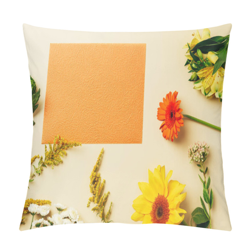 Personality  Flat Lay With Various Wildflowers Around Blank Orange Card On Beige Background Pillow Covers