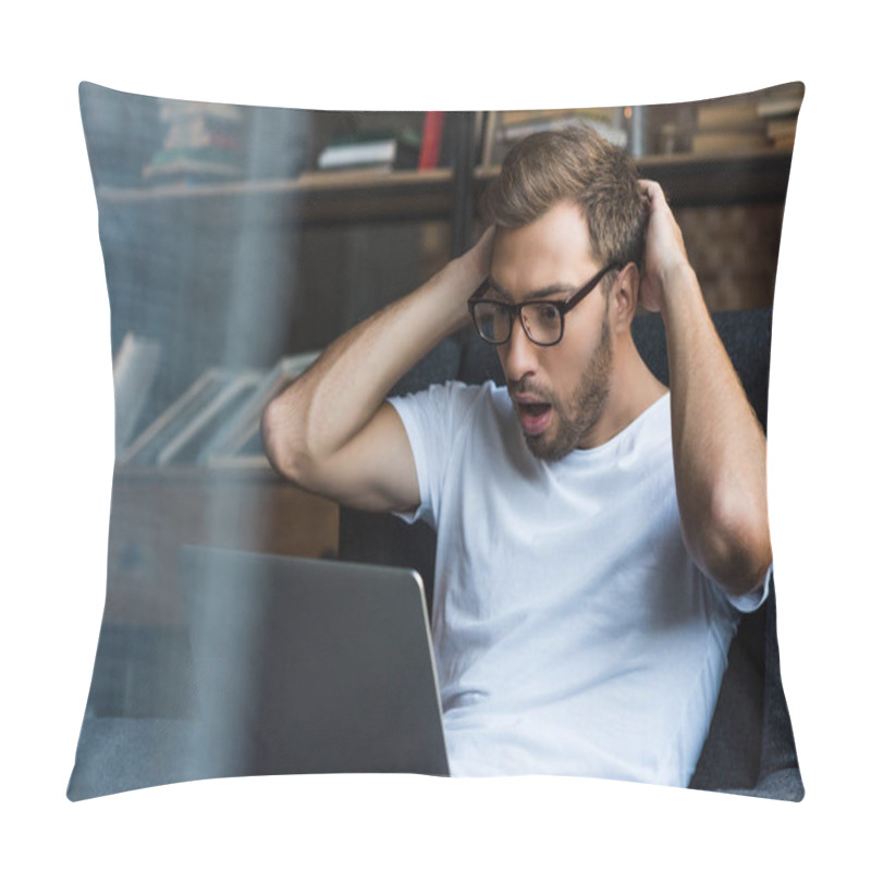 Personality  Shocked Man Using Laptop Pillow Covers